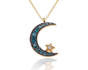 Celestial Crescent Moon & Star Diamond Necklace, Blue Diamond Moon Necklace, Double Horn Necklace, Crescent Moon Necklace,Gold Star Necklace