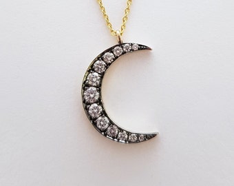 Diamond Crescent Moon Necklace, Mothers Day Gift, Gold Moon Necklace, Double Horn Necklace, Celestial Necklace