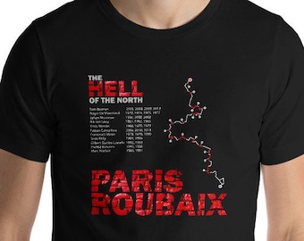 May include: Black t-shirt featuring a red graphic of the Paris-Roubaix cycling race route. The graphic includes the text "The Hell of the North" and a list of past winners.