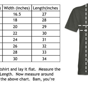 Puede incluir: Un gr&aacute;fico que muestra el tama&ntilde;o de las camisetas con medidas en pulgadas para el pecho, el ancho y la longitud. El gr&aacute;fico incluye las tallas XS a 4XL. Un diagrama muestra c&oacute;mo medir una camiseta para un ajuste adecuado.
