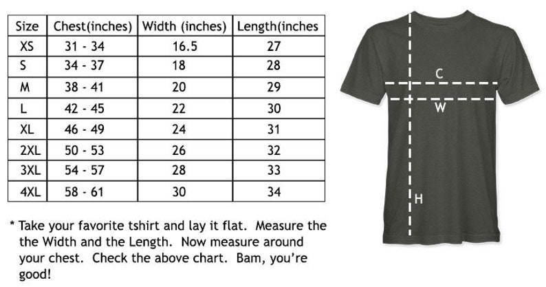 Puede incluir: Un gr&aacute;fico que muestra el tama&ntilde;o de las camisetas con medidas en pulgadas para el pecho, el ancho y la longitud. El gr&aacute;fico incluye las tallas XS a 4XL. Un diagrama muestra c&oacute;mo medir una camiseta para un ajuste adecuado.
