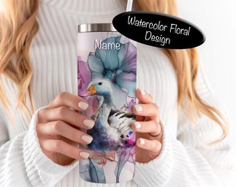 Vaso térmico Floral Goose de 20 oz, delgado – Vaso con diseño de pato en acuarela, vaso térmico personalizado de acero inoxidable, regalo estilo cottagecore para ella.
