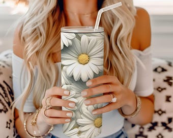 Vaso térmico Daisy personalizado de 590 ml / Taza floral con nombre personalizado / Taza aislante de acero inoxidable / Regalo para ella, mamá o hermana