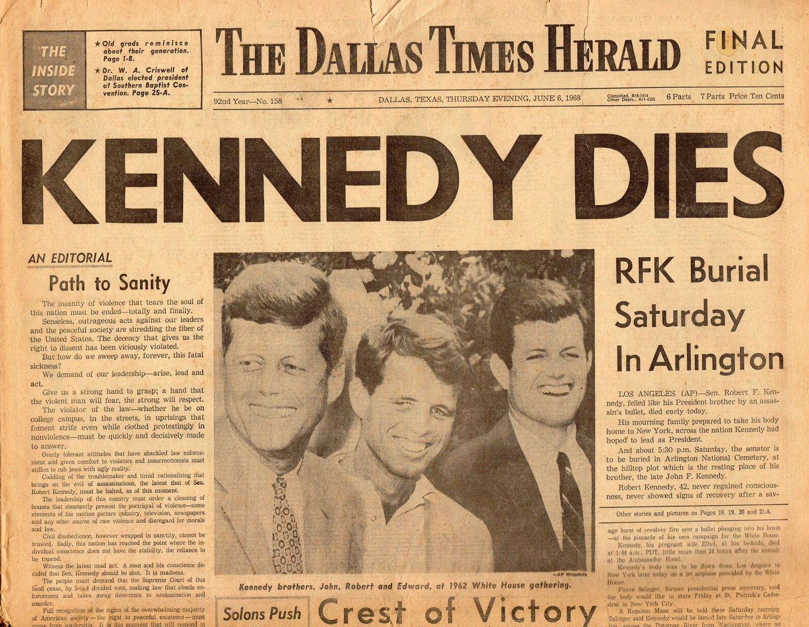 Dallas Times Herald Newspaper Rare June 6 1968 Kennedy Etsy