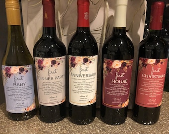 5 Colorful Floral Wedding Milestone Wine Bottle Labels