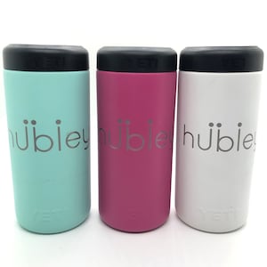 May include: Three Yeti Rambler 12 oz.  can coolers in mint green, pink, and white with the word "hubley" printed on the side.
