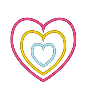 May include: Three concentric hearts, the largest is pink, the middle is yellow, and the smallest is light blue.