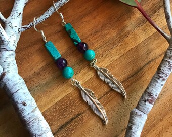 Sterling silver amethyst and turquoise feather earrings