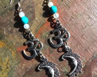 Turquoise and Moonstone chakra moon earrings