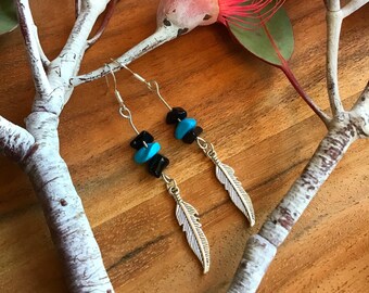 Turquoise and Black Obsidian Feather Earrings