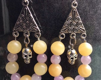Amethyst and Yellow Topaz Skull Earrings