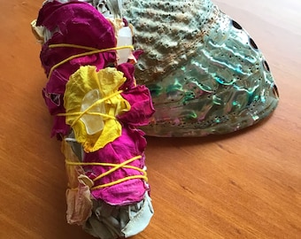 Rose Petal, Crystals Quartz and White Sage Smudge Stick - “ Universal Smudge”