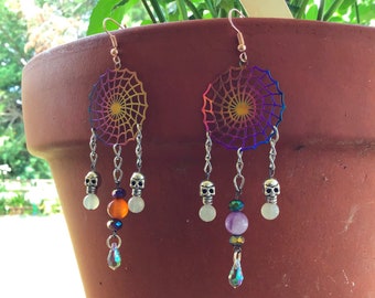 Amethyst and Carnelian Spider Web Earrings - Rainbow Skulls
