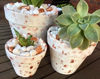 Rose gold and white metallic planter pots