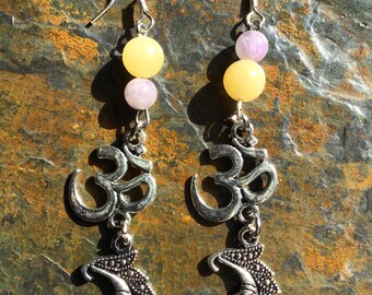 Amethyst and Yellow Topaz chakra triple moon earrings