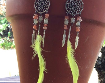 Crested Cockatoo - Moonstone Cockatoo Crest Feather Dream Catcher Earrings