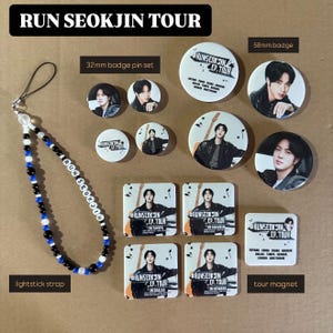 Run Seokjin Tour inspired accessories || Fridge Magnets || Beaded ARMY Lightstick Strap || Beaded Phone Charm || Jin Photo Badge Pin