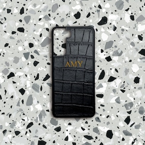Zwart Krokodil Lederen Samsung Case, Gepersonaliseerde Krokodil Lederen Samsung Galaxy S20 Cover, Initialen Telefoon Case Samsung S21, S20 Ultra