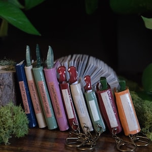 May include: A collection of miniature, colorful book-shaped keychains. Each keychain features a different color, including blue, green, pink, and orange, with a small mushroom or leaf design on top. The text "Forest Faerie Cottage" is printed on the spine.
