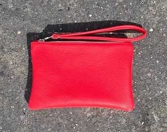 Red leather clutch, red leather purse with wrist strap, red clutch bag.
