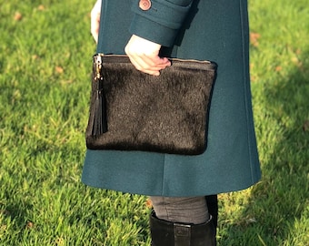 Black Cowhide Clutch Bag: Leather Evening Purse with Tassel