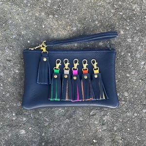 Navy Blue leather clutch, Blue tasselled evening bag, Navy blue wristlet purse.