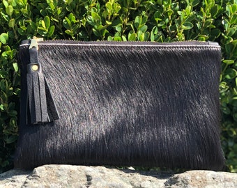 Fleuri black clutch bag, black cowhide purse, black cowhide leather evening bag, black leather clutch bag.