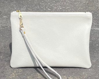 Ivory Leather Clutch: Handmade Ivory Wristlet with Floral Lining