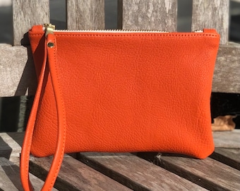 Orange leather clutch, bright orange leather purse with wrist strap