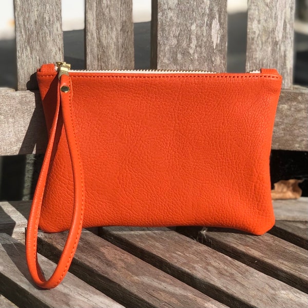 Orange leather clutch, bright orange leather purse with wrist strap