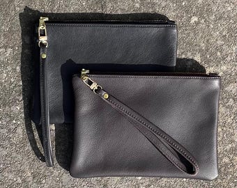 Zwarte of bruine leren clutch: handgemaakte portemonnee met polsband