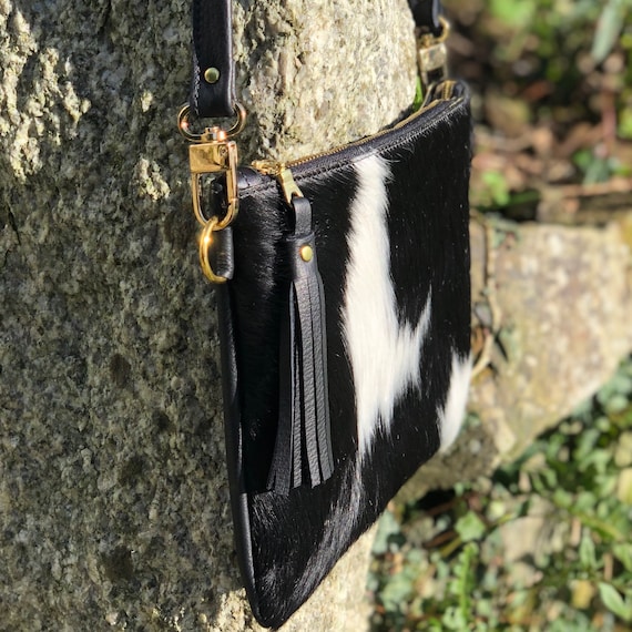 Cowhide Brown and White Crossbody Purse Cow Skin Leather 