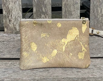 Gold cowhide clutch, gold leather purse with wrist strap, gold evening clutch