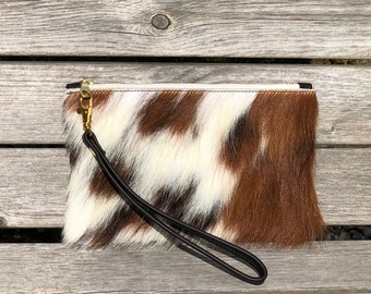 Fleuri brown and white cowhide clutch bag, brown and white cow skin purse, cowhide clutch bag, small western bag.