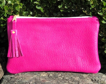 Bright pink leather clutch/makeup bag