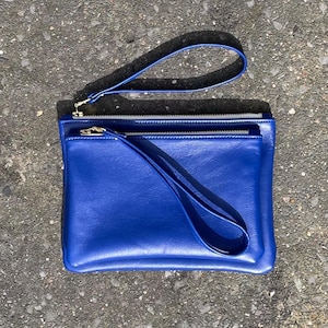 Blue leather clutch, Royal blue leather purse with wrist strap, blue clutch purse with strap.
