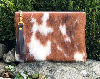 Breccia Cowhide brown and white clutch purse, brown and white cowhide clutch, cow leather clutch bag,
