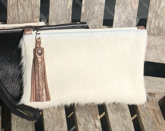 White cowhide and bronze leather clutch bag, white leather clutch, white evening bag, white hair on hide bag