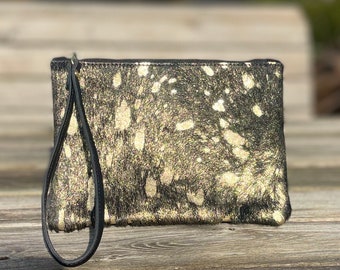 Black and gold cowhide leather clutch, black with gold splash leather purse with wrist strap, black and gold evening clutch
