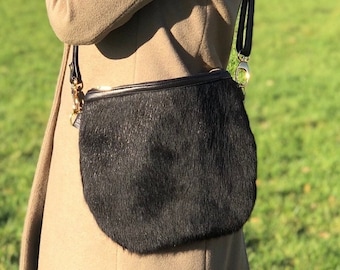 Black Cowhide Crossbody Bag: Leather Purse, Western Style