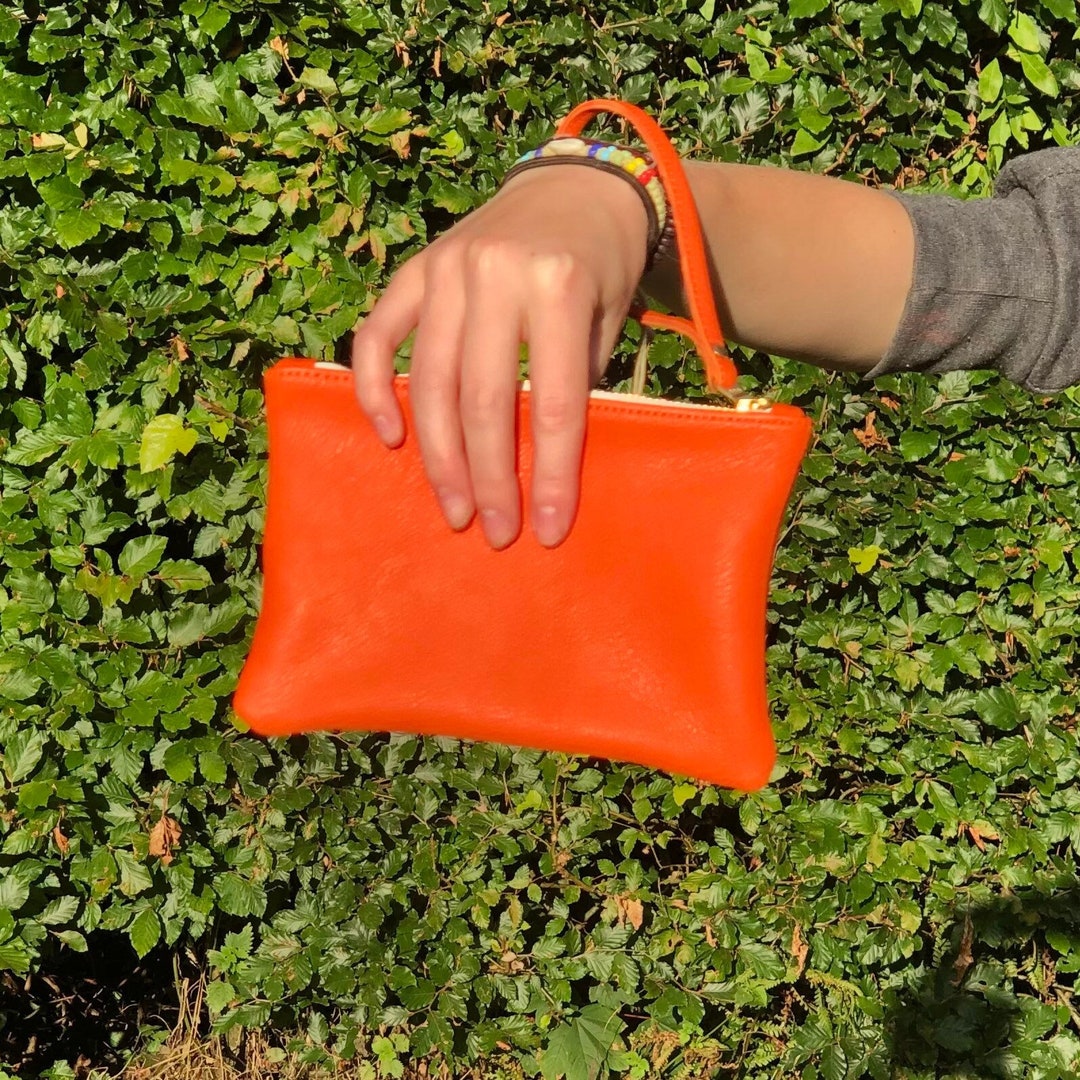 Orange Leather Clutch Bright Orange Leather Purse With Wrist Etsy
