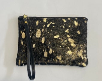 Black and gold cowhide leather clutch, black with gold splash leather purse with wrist strap, black and gold evening clutch