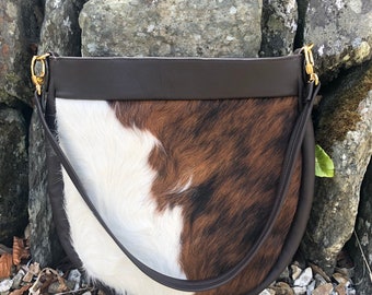 Large brown and white cowhide bag, cowhide tote bag, cowhide handbag, bespoke handbag.