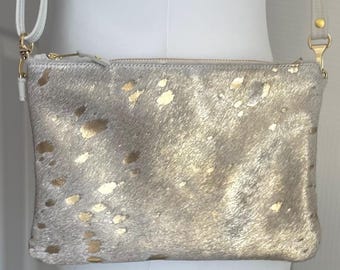Gold Splash Cowhide Crossbody Purse: Metallic Leather Shoulder Bag