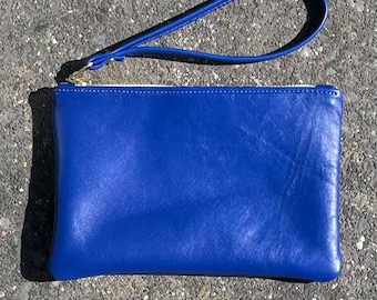 Blue leather clutch, Royal blue leather purse with wrist strap, blue clutch purse with strap.