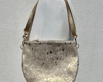 Gold Metallic Cowhide Crossbody Bag: Handmade Leather Purse