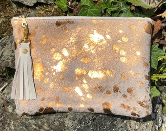 Breccia gold clutch bag, gold leather evening bag, cowhide clutch, gold bag.