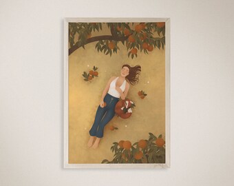 Frau und Fuchs Illustration Kunstdruck, Orangenbaum, Kunstdruck