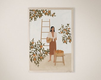 Stampa artistica "Donna in terracotta con arance", illustrazione femminile boho (download digitale)