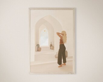 May include: A woman with long blonde hair stands in a white arched doorway, looking out a window with a sunburst design. The room is decorated with terracotta pots and vases.